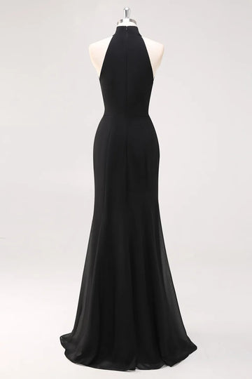 Halter Neck Ruffles Mermaid Black Maxi Formal Dress with Slit